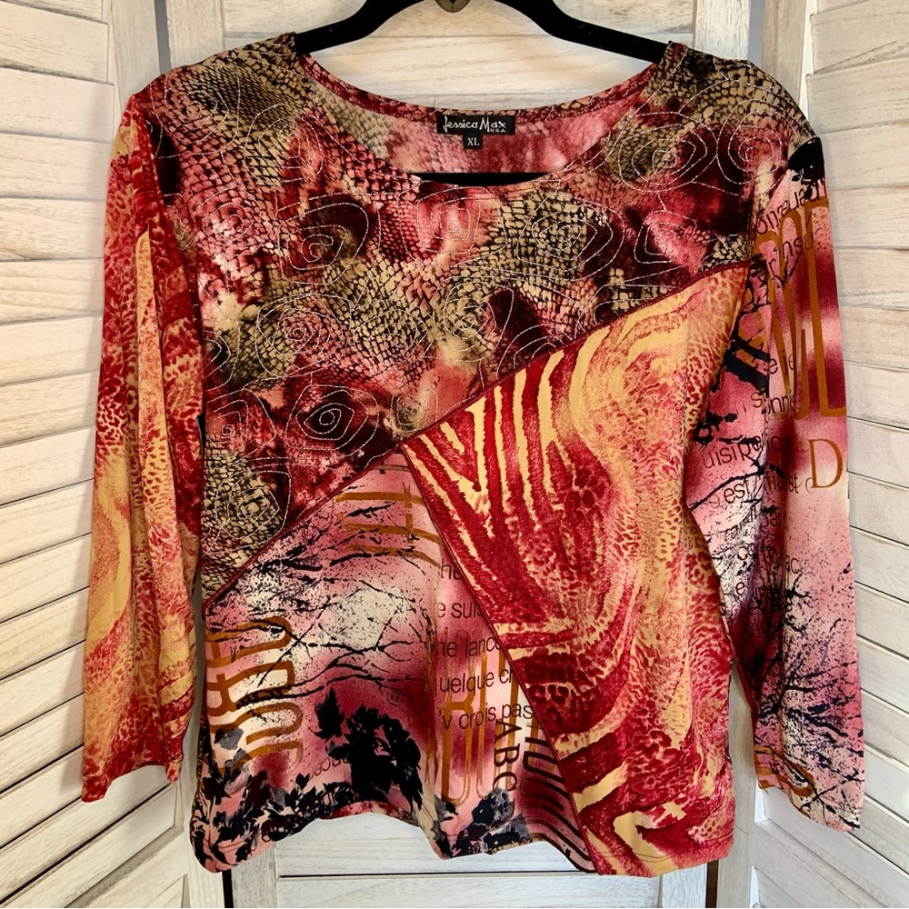 Jessica Max Y2K Red Abstract Art Print Stretchy Long Sleeve Fitted Top XL